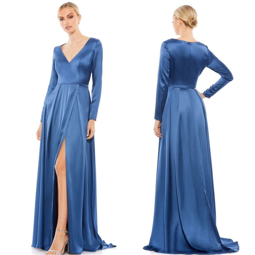 NEW Mac Duggal 26613 Satin V Neck Long Sleeve Pleated Gown